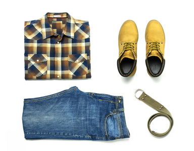 s casual clothing, blue jeans, checkered shirt, yellow nubuck sh