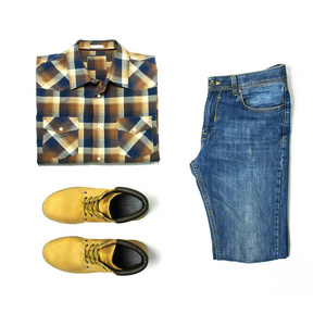 s casual clothing, blue jeans, checkered shirt, yellow nubuck sh