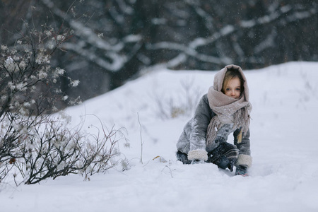 可爱的小女孩在树林里的冬天。下雪