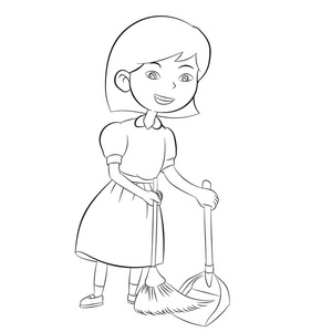 扫帚扫地好女孩用扫帚扫地,为孩子和孩子清洁家庭着色书设计