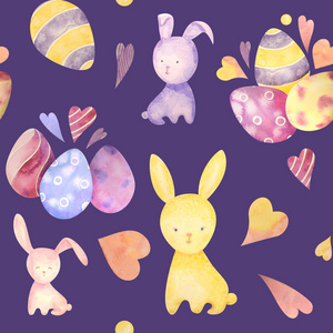 可爱的婴儿复活节兔子无缝的模式, 插图为儿童服装。水彩手绘