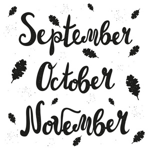 矢量刻字秋定九月十一月。 秋天的橡木留下复古的质感现代书法水墨设计