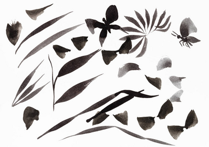 Sumiesuibokuga风格的笔触，白纸上的黑色墨水塑造了树叶和蝴蝶