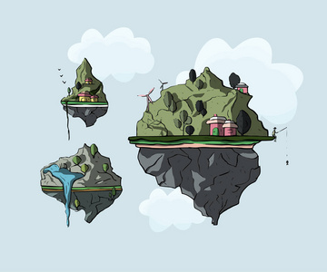 渲染的浮岛空中有树的浮岛,湖河,世界环境日,世界保护日,环境日浮岛