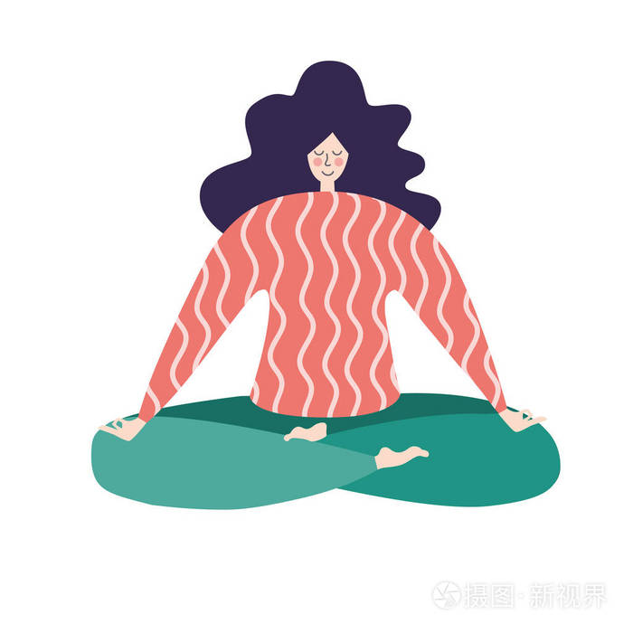 卡通微笑的女人冥想瑜伽莲花姿势. 现代明亮的扁平人物坐着放松.
