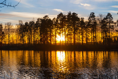 日落时，Kymijoki河水域美丽的秋季景观。 芬兰