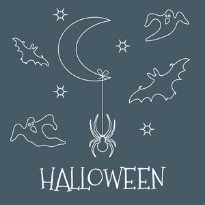 万圣节2019矢量插图与月星蜘蛛蝙蝠鬼。 派对卡包装织物印花设计。