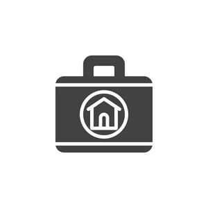 房地产代理公文包图标矢量填充平标实象形图隔离在白色上。 手提箱与家庭符号标志插图。