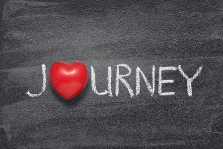 旅行单词手写在黑板上,红色的心符号代替o照片