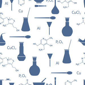 科学矢量无缝图案与烧瓶试管烧杯工具和公式。 教育要素。 化学生物医学。