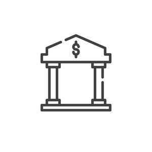 银行建筑线图标轮廓矢量标志线性风格象形文字隔离在白色上。 符号标志插图。 可编辑行程