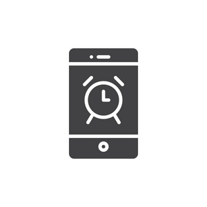 智能手机与闹钟显示图标矢量填充平面标志固体象形文字隔离在白色。 手机及手表标志图示