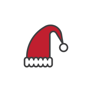 圣诞老人帽子填充轮廓图标线矢量标志线性彩色象形文字隔离在白色上。 圣诞节标志标志插图。 像素完美矢量图形