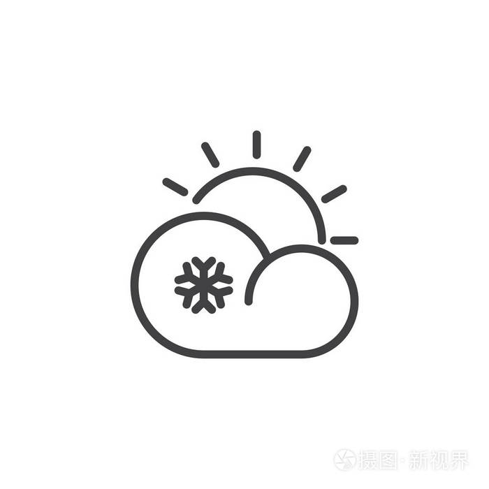 云雪太阳线图标轮廓矢量符号线性风格象形文字隔离在白色上雪花和多云