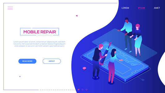 移动维修服务现代五颜六色的等距向量网横幅