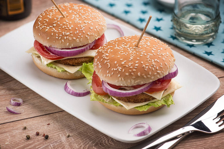 汉堡加双奶酪红洋葱和西红柿在一个白色个白色的长方形，星盘在一个明亮的桌子餐厅。