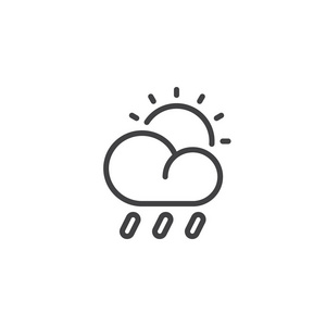 雨云太阳线图标轮廓矢量符号线性风格象形文字隔离在白色上。 太阳和部分多云天气符号标志插图。 可编辑行程