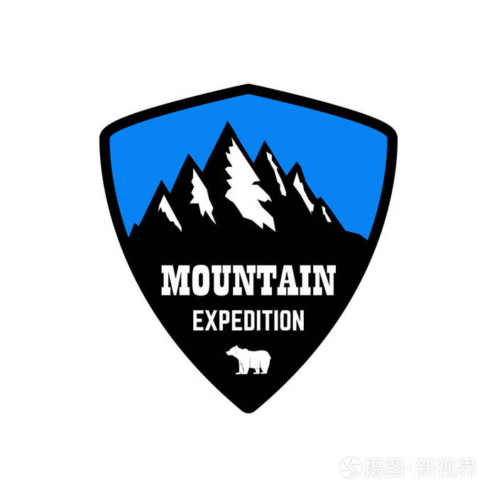 山地探险队. 带有岩石峰的徽记模板. 标志标签标志海报设计元素.