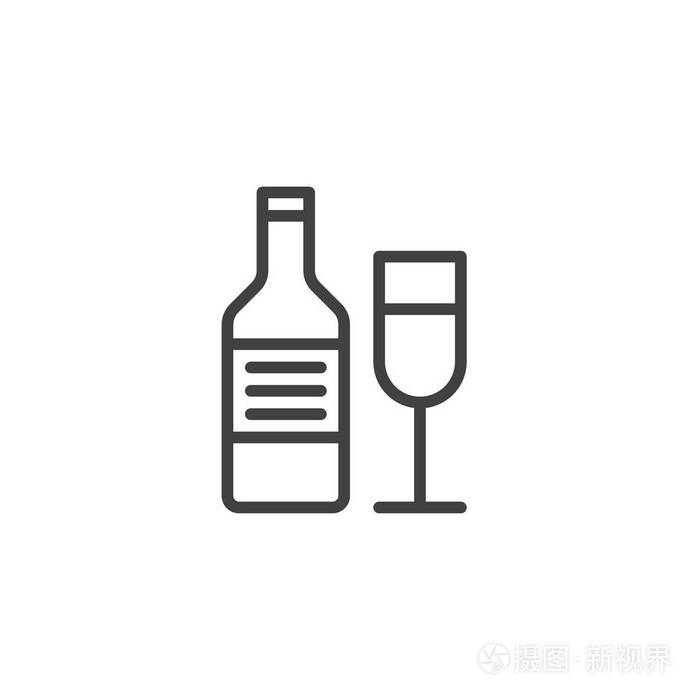 酒瓶和酒杯线图标轮廓矢量符号线性风格象形文字隔离在白色上.