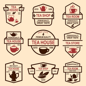 一套茶馆标签。 标志标志海报设计元素。 矢量插图
