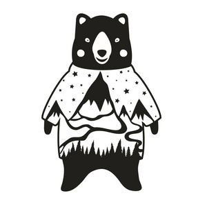 毛卡矢量插图与可爱的卡通风格熊在毛衣与松林山小径和星星.