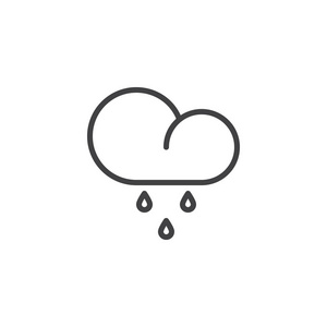 雨天云天气线图标轮廓矢量标志线性风格象形文字隔离在白色上。 云和雨滴符号标志插图。 可编辑行程