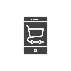 智能手机带有购物车图标矢量，填充平标，实心象形隔离在白色上。电子商务和网上购物符号，标志插图。