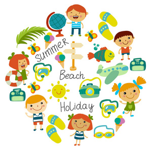 海滩和孩子们。暑假。海洋, 大海。动画片孩子游泳