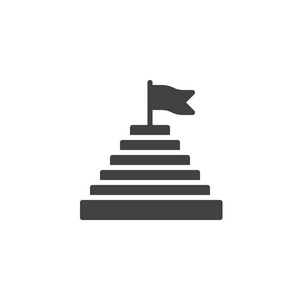 金字塔顶部图标矢量上有标志，填充平标，白色上隔离的实心象形文字。成就符号，标志插图..