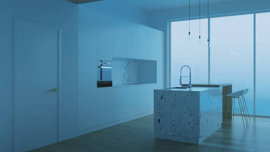 现代住宅内部。晚安。夜间照明。内部有白色墙壁和白色厨房。3D绘制。