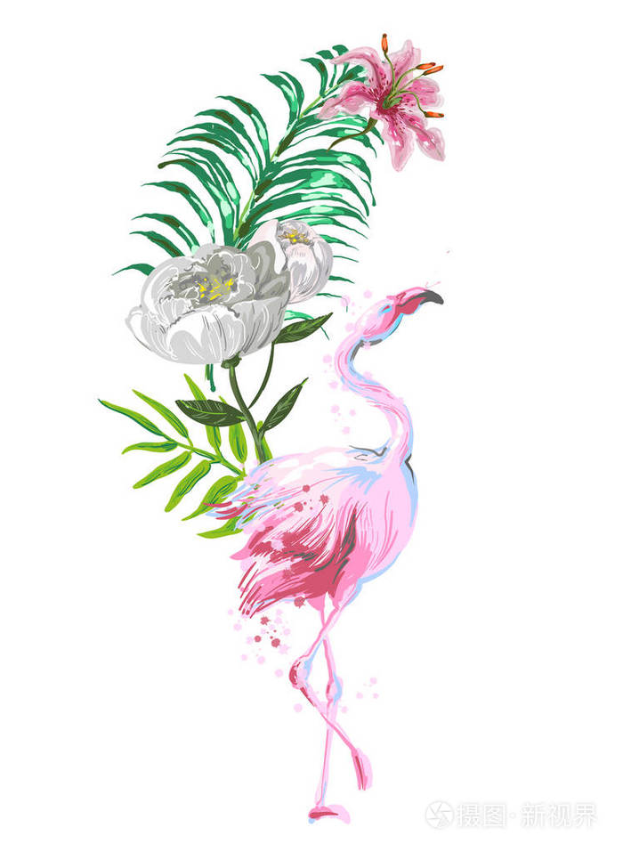 美丽的粉红色火烈鸟组成与热带叶子, 花