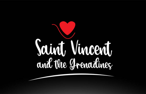 圣文森特和格林纳丁斯乡村文字，黑色背景上有红色爱心，适合标志图标或排版设计