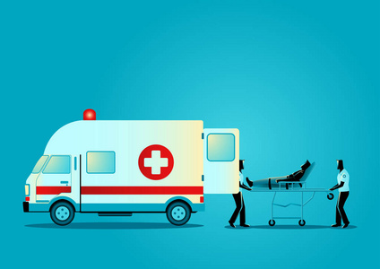 医护人员将伤者抬上担架抬上救护车的矢量图照片