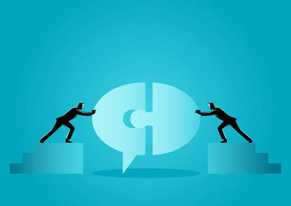 沟通文本商业概念矢量插图两个商人匹配拼图,形成泡沫文本.