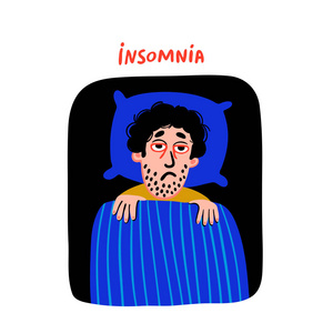 心理学。睡眠障碍男人的性格与失眠在床上。不眠之夜的男人, 带着疲惫的悲伤的脸和红色的眼睛。涂鸦斜线平面矢量插图