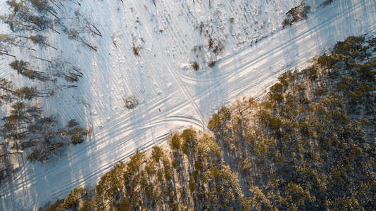 穿过被白雪覆盖的冬季森林的道路鸟图。顶视图