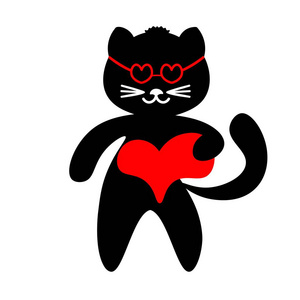 白色背景上有红色心脏的黑猫。 标志符号瓦伦丁。