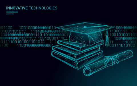 机器学习3d 低聚技术的经营理念。神经网络培训人工智能。毕业帽, 书, 文凭多边形现代设计横幅模板向量例证