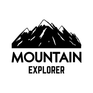山地探险家。 带有岩石峰的徽记模板。 标志标签标志海报设计元素。 矢量插图