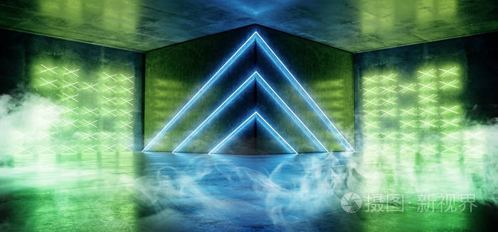 霓虹灯网络科幻未来现代舞台讲台三角形蓝绿色发光LED激光舞蹈俱乐部灯光暗格格格格混凝土反光室空间三维渲染插图