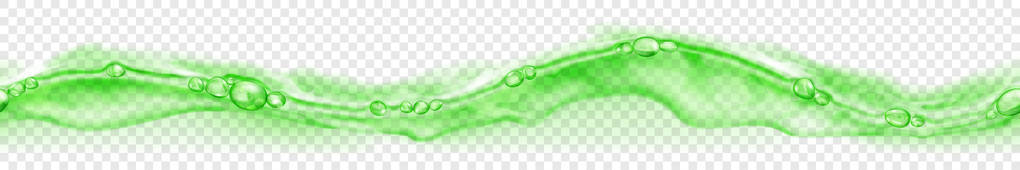 水平无缝横幅与水平重复半透明水波在绿色与气泡和滴隔离在透明背景。 仅在矢量文件中具有透明度