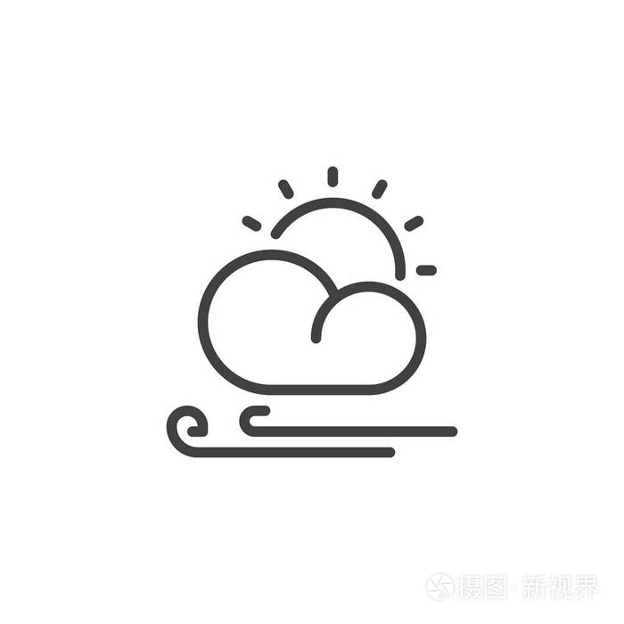 太阳云和风线图标轮廓矢量符号线性风格象形文字隔离在白色上 部分多云多风天气符号标志插图 可编辑行程插画 正版商用图片18k1u9 摄图新视界