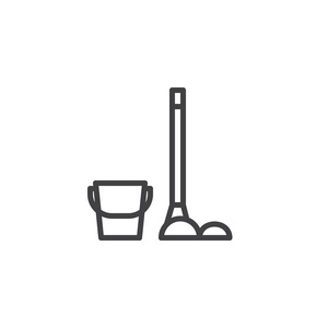 桶和扫帚线图标轮廓矢量标志线性风格象形文字隔离在白色上。 房屋清洁符号标志插图。 可编辑行程