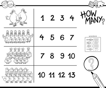 黑白卡通插画教育计数活动儿童鸡动物人物着色书