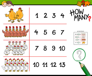为有鸡动物角色的儿童制作的教育计数活动卡通插图