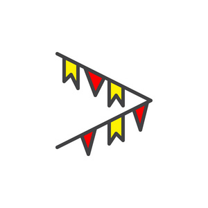党束旗帜填充轮廓图标线矢量标志线性彩色象形文字隔离在白色上。 节日装饰符号标志插图。 像素完美矢量图形