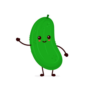 开心地了可爱的黄瓜。 矢量现代平面风格卡通人物插图图标设计。孤立在白色背景上。 黄瓜水果健康食品