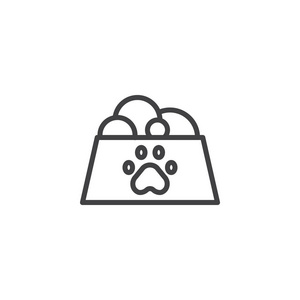 宠物食品在碗线图标轮廓矢量标志线性风格象形文字隔离在白色上。 符号标志插图。 可编辑行程