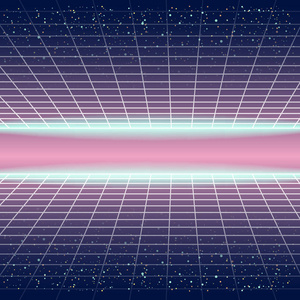 同步波复古未来派景观与造型激光网格。霓虹灯重拍微波设计和元素科幻 80年代90年代空间。矢量插图模板隔离的背景