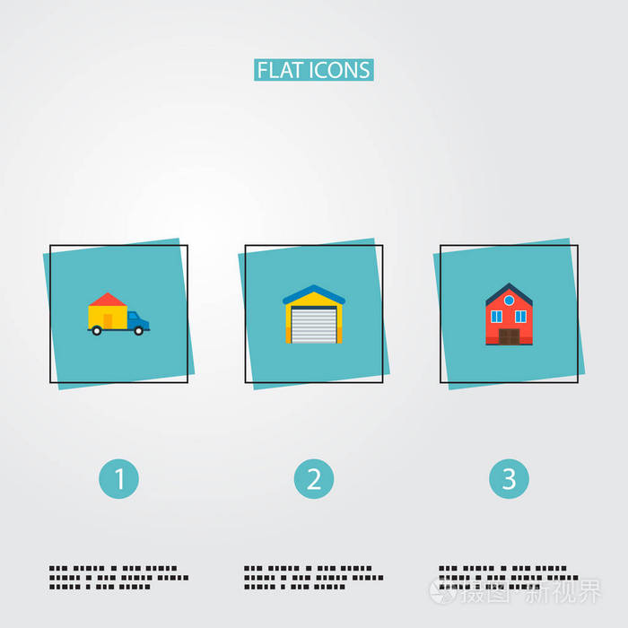一套房地产图标平面风格符号与交付, 车库, 家庭和其他图标为您的网络移动应用程序徽标设计